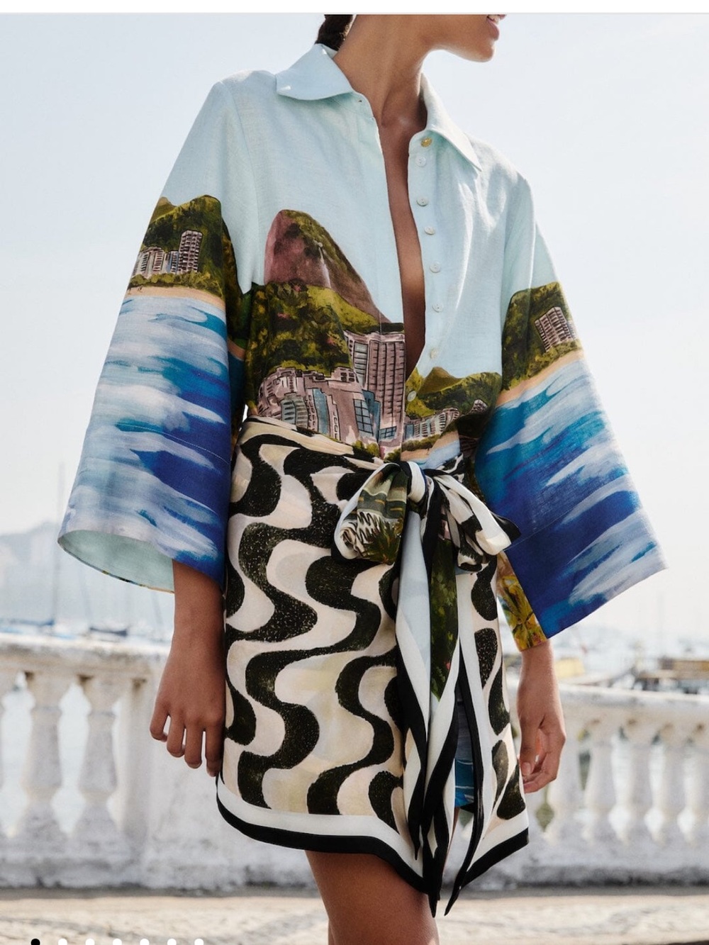 FARM Rio Black, White & Cream Wave-Print Mini Wrap Skirt